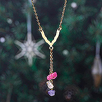 Quartz Y necklace, 'Dangling Style' - Brass Y Necklace with colourful Quartz Chips from India