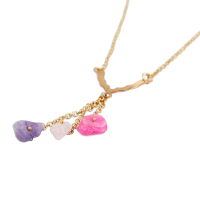 Quartz Y necklace, 'Dangling Style' - Brass Y Necklace with Colorful Quartz Chips from India