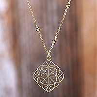 Brass pendant necklace, 'Shining Floral Mesh' - Brass Floral Pendant Necklace with Jali Openwork Accents