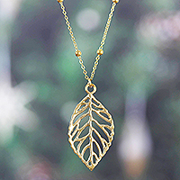 Brass pendant necklace, 'Shining Leaf' - Brass Leaf Pendant Necklace with Jali Openwork Accents