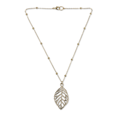 Brass pendant necklace, 'Shining Leaf' - Brass Leaf Pendant Necklace with Jali Openwork Accents
