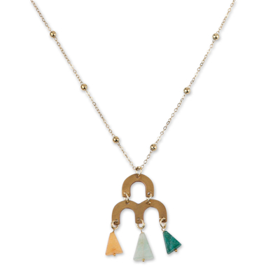 Agate beaded pendant necklace, 'Dangling Pyramids' - Brass Pendant Necklace with Arcs and Triangular Agate Stones