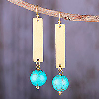 Calcite beaded dangle earrings, 'Turquoise Glory' - Modern Brass Dangle Earrings with Calcite Beads from India
