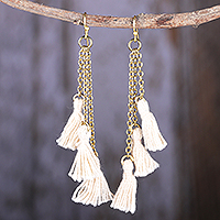 Brass dangle earrings, 'Flowing Beauty' - Brass Dangle Earrings with Ivory Tassels Made in India