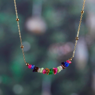 Quartz beaded pendant necklace, 'Rainbow Fantasy' - colourful Brass and Quartz Beaded Pendant Necklace from India