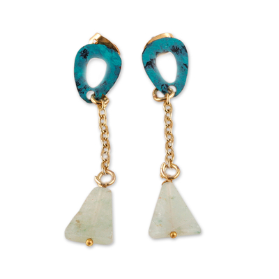 Agate beaded dangle earrings, 'Dangling Pyramids' - Agate Beaded Dangle Earrings with Brass Patina Accent