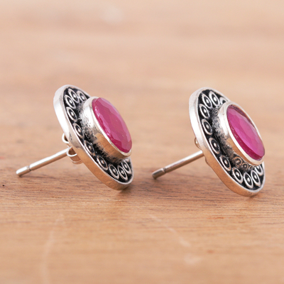 Ohrringe mit Knöpfen Onyxn - Florale Knopfohrringe aus Sterlingsilber mit rosa Onyx-Edelsteinen