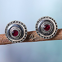 Onyx button earrings, 'Confidence Button' - Polished Sterling Silver Button Earrings with Pink Onyx Gems