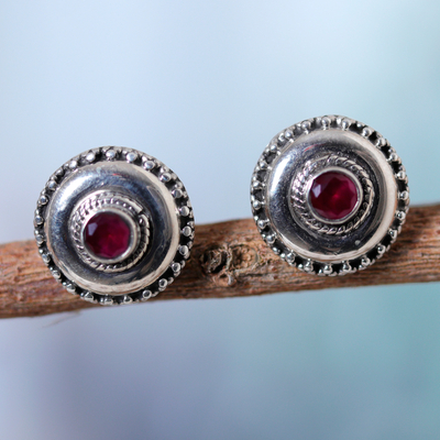 Onyx button earrings, 'Confidence Button' - Polished Sterling Silver Button Earrings with Pink Onyx Gems