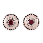 Onyx button earrings, 'Confidence Button' - Polished Sterling Silver Button Earrings with Pink Onyx Gems