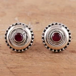 Onyx button earrings, 'Confidence Button' - Polished Sterling Silver Button Earrings with Pink Onyx Gems