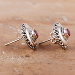 Onyx button earrings, 'Confidence Button' - Polished Sterling Silver Button Earrings with Pink Onyx Gems