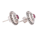 Onyx button earrings, 'Confidence Button' - Polished Sterling Silver Button Earrings with Pink Onyx Gems