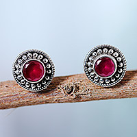 Onyx button earrings, 'Pink Beauty' - Pink Onyx and Silver Button Earrings with Combination Finish