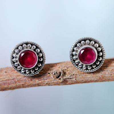 Onyx button earrings, 'Pink Beauty' - Pink Onyx and Silver Button Earrings with Combination Finish