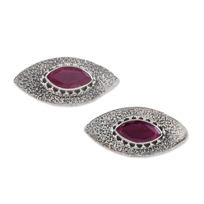 Onyx-Ohrhänger, „Pink Eyes“ – Ovale Ohrhänger aus Silber und rosa Onyx mit strukturierter Oberfläche