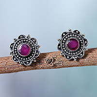 Onyx button earrings, 'Classic Blossom' - Pink Onyx & 925 Silver Button Earrings with Floral Motif
