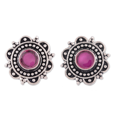 Pendientes de botón de ónix - Pendientes Botón de Ónix Rosa y Plata 925 con Motivo Floral