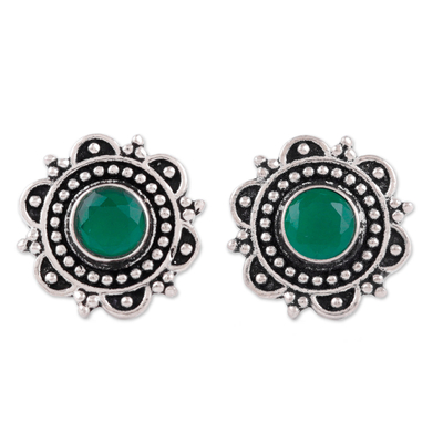 Pendientes de botón de ónix - Pendientes Botón de Ónix Verde y Plata 925 con Motivo Floral