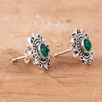Onyx button earrings, 'Classic Green Blossom' - Green Onyx & 925 Silver Button Earrings with Floral Motif