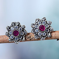 Onyx button earrings, 'Jaipur Blossom' - 925 Silver Button Earrings with Pink Onyx & Cubic Zirconia