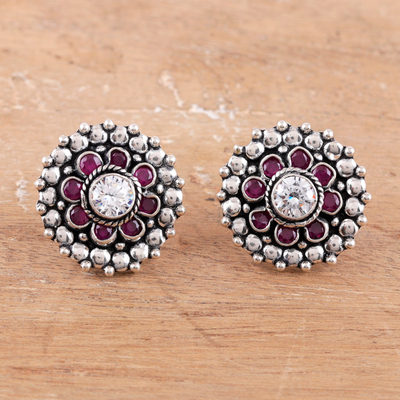 Pendientes botón de ónix y circonitas - Aretes de botón floral de plata y circonitas cúbicas de ónix rosa