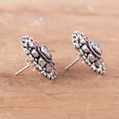 Onyx and cubic zirconia button earrings, 'Dotted Blossom' - Pink Onyx Cubic Zirconia and Silver Floral Button Earrings