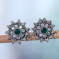 Onyx and cubic zirconia drop earrings, 'Shimmering Blossom' - Green Onyx Cubic Zirconia and Silver Floral Drop Earrings