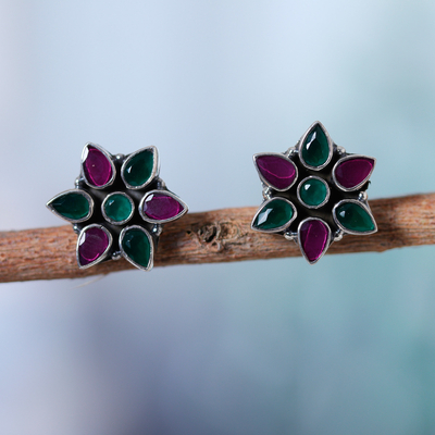 Ohrringe mit Knöpfen Onyxn - Rosa und grüner Onyx-Ohrringe aus Sterlingsilber mit floralen Knöpfen