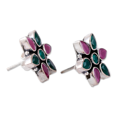 Onyx button earrings, 'Fabulous Harmony' - Pink and Green Onyx Sterling Silver Floral Button Earrings