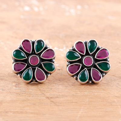 Onyx button earrings, 'Delightful Blend' - 925 Silver Floral Button Earrings with Pink and Green Onyx
