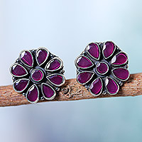 Onyx button earrings, 'Pink Blend' - Sterling Silver Floral Button Earrings with Pink Onyx Stones