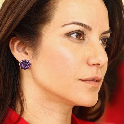 Ohrringe mit Knöpfen Onyxn - Blumenknopf-Ohrringe aus Sterlingsilber mit rosa Onyxsteinen