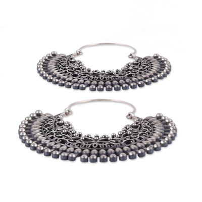 Sterling silver hoop earrings, 'Heaven's Peacock' - Peacock-Inspired Sterling Silver Hoop Earrings from India