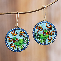 Ceramic dangle earrings, 'Indian Parakeet' - Hand-Painted Round Parakeet Ceramic Dangle Earrings
