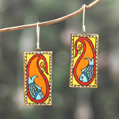 Ceramic dangle earrings, 'Paisley Fish' - Painted Paisley Ceramic Dangle Earrings with Fish Motifs