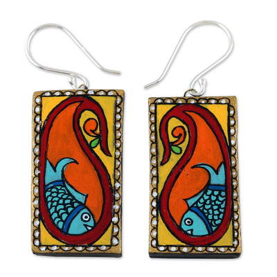 Ceramic dangle earrings, 'Paisley Fish' - Painted Paisley Ceramic Dangle Earrings with Fish Motifs