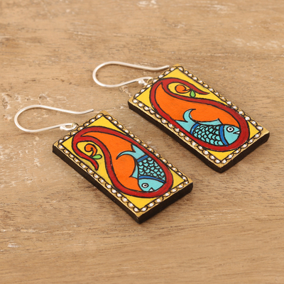 Ceramic dangle earrings, 'Paisley Fish' - Painted Paisley Ceramic Dangle Earrings with Fish Motifs