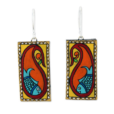 Ceramic dangle earrings, 'Paisley Fish' - Painted Paisley Ceramic Dangle Earrings with Fish Motifs