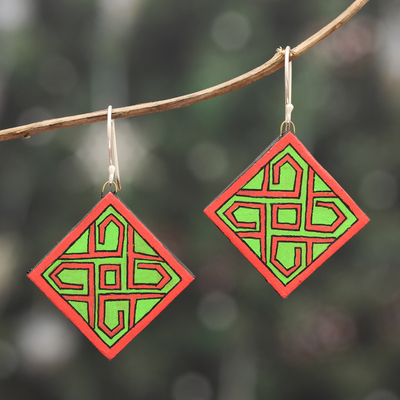 Ceramic dangle earrings, 'Green Knot' - Hand-Painted Geometric Green and Red Ceramic Dangle Earrings