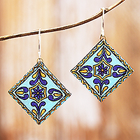 Ceramic dangle earrings, 'Serene Kaleidoscope' - Hand-Painted Geometric Floral Blue Ceramic Dangle Earrings