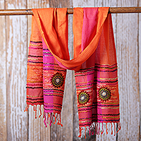 Embroidered viscose scarf, 'Vibrant Impressions' - Woven Fringed Viscose Scarf with Embroidery in Orange & Pink