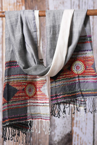 Embroidered viscose scarf, 'Timeless Splendor' - Woven Viscose Scarf with Embroidery in Grey White and Red