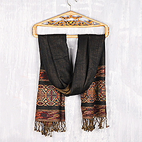 Jamawar wool shawl, 'Geometric Beauty' - Woven Fringed Jamawar Wool Shawl in Black Yellow and Green