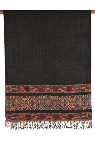 Mantón de lana Jamawar - Chal tejido de lana Jamawar con flecos en negro, amarillo y verde