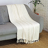 Cotton throw blanket, 'Vanilla Charm' - Handwoven Vanilla Cotton Throw Blanket with Tassels