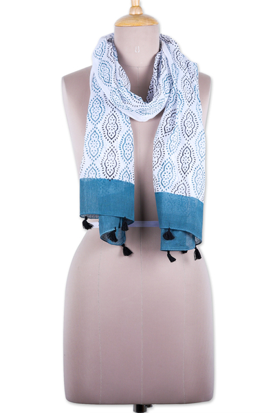 Block-printed cotton scarf, 'Balsam Essence' - Block-Printed Balsam and White Cotton Scarf with Tassels