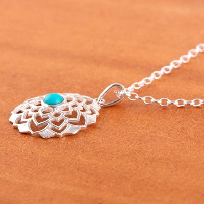 Sterling silver pendant necklace, 'Tranquil Lotus' - Sterling Silver Lotus Pendant Necklace with Recon Turquoise