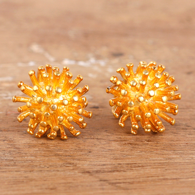 Gold-plated stud earrings, 'Spiny Gold' - Modern Polished 22k Gold-Plated Stud Earrings from India