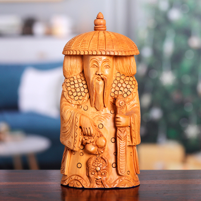 Wood sculpture, 'Abundance and Protection' - Hand-Carved Kadam Wood Master of Protection Sculpture